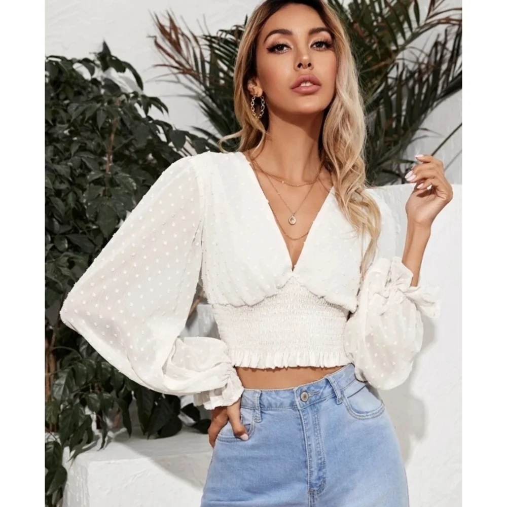 Shein Swiss Dot Shirred Crop top White Size XS